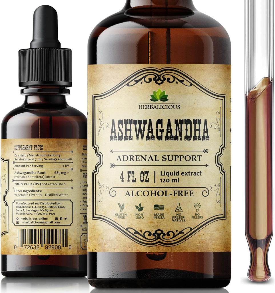 [BRSRMEIOAEFGY3I7] Ashwagandha Supplements – Organic Withania Somnifera Root Extract Liquid Drops – Natural Stress Relief, Mood Booster, Sleep Aid & Calming Support – Non-GMO, Vegan Formula – 4 fl oz