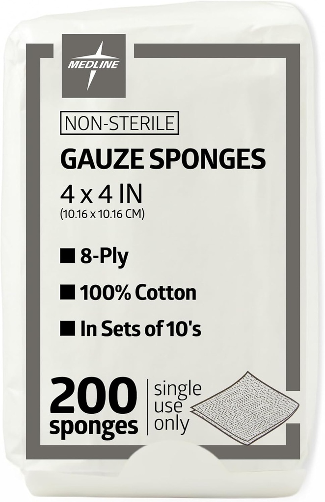 [BRSWGZQHPMJQY2D5] Medline 4 x 4 inch Gauze Sponges, 100% Cotton, 8-Ply Woven Non-Sterile Gauze (Pack of 200)