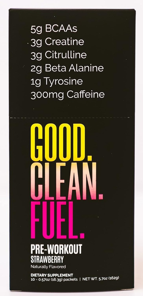 Pre-Workout | Caffeine | BCAAs | Beta Alanine | Creatine | Tyrosine | Citrulline | No Sugar or Artificial Sweeteners | Strawberry Flavor | 10 Stick Packs