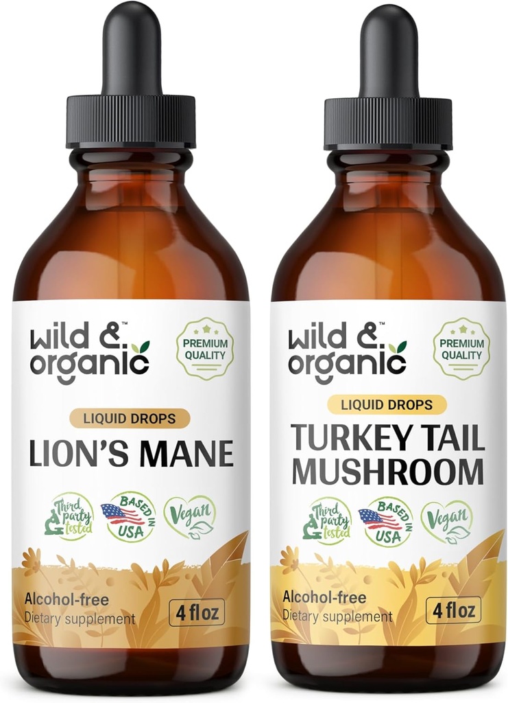Wild & Organic Lion's Mane Tincture 4 fl oz & Turkey Tail Tincture 4 fl oz