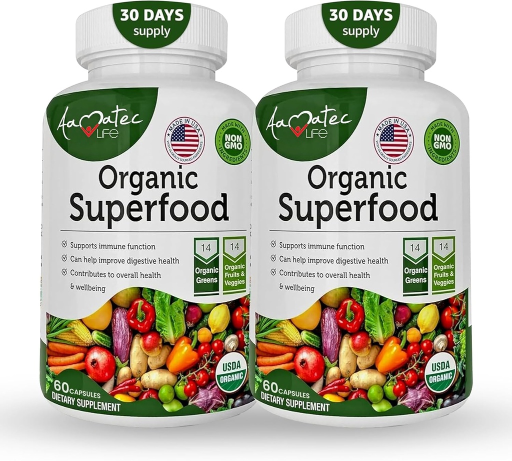 Organic Superfood Greens Fruits and Veggies Complex - Dietary Supplement with 14 Greens &14 Vegetables with Alfalfa Rich in Antioxidants Organic Ingredients Non-GMO (120 Count Pack of 2)