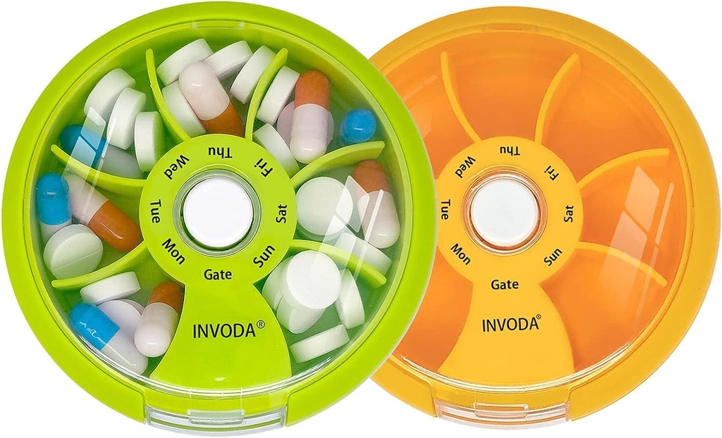 Pill Organizer Small Pill Case 7 Day Portable Travel Pill Box Cute Daily Pill Container for Medicine Fish Oil Supplements Vitamin Case (Green+Orange)