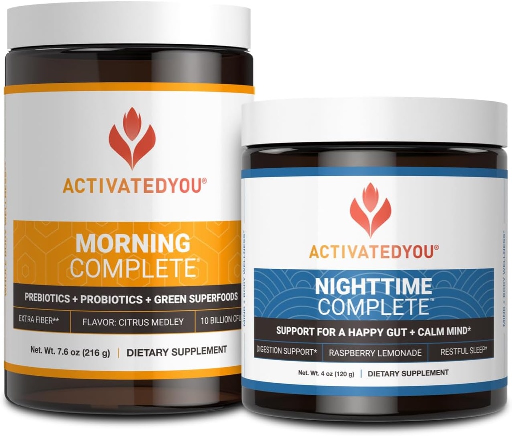 ACTIVATEDYOU Morning Complete Prebiotics, Probiotics, and Green Superfoods (Citrus Medley) & Nighttime Complete, Ashwaghanda (Raspberry Lemonade), 30 Servings