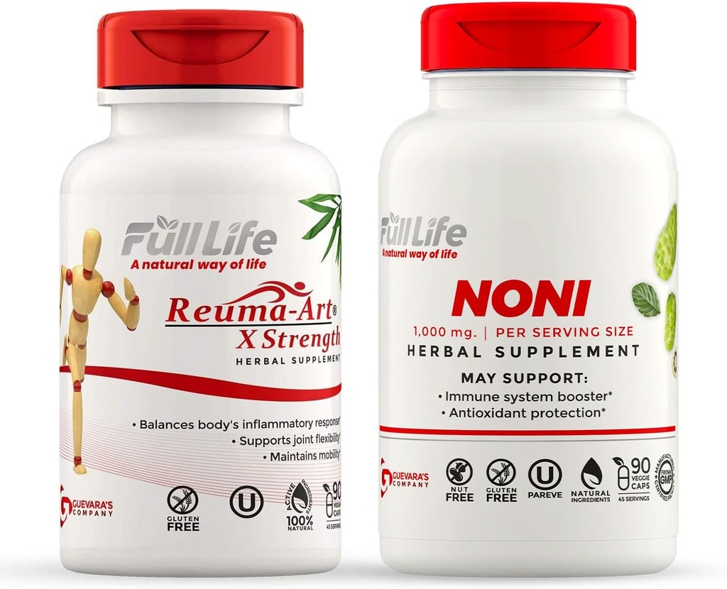 Full Life Reuma-Art X Strength and Noni Capsules - Herbal Supplement - Organic Noni Fruit Extract - Kosher, Gluten-Free - 90 Veggie Capsules Each