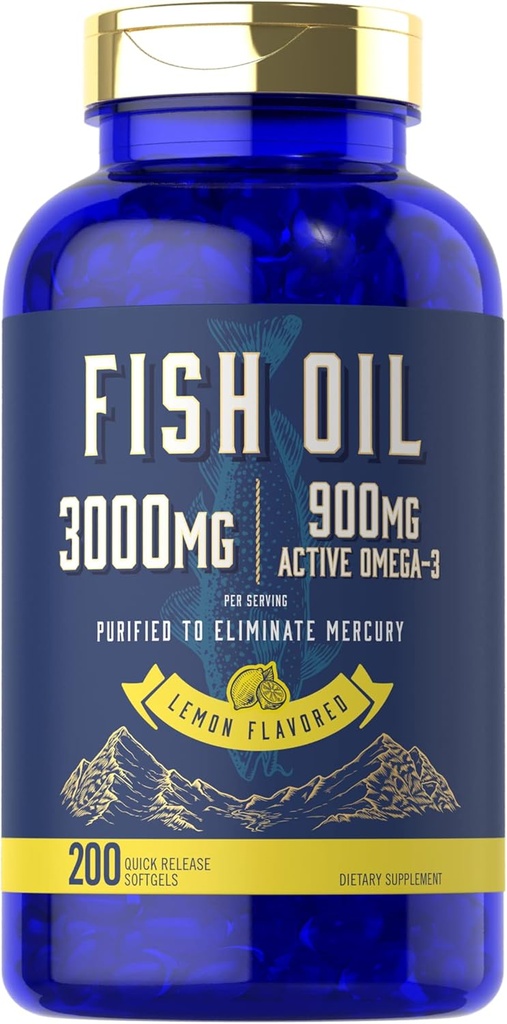 Carlyle Fish Oil 3000mg | 900mg Omega 3 | 200 Softgels | Lemon Flavor | Non-GMO and Gluten Free Supplement