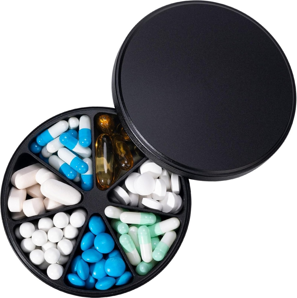 Metal Pill Dispenser Pill Organizer with 7 Compartments - Heavy Duty Anti-Mix Pill Container, Large Waterproof Daily Pill Box Pill Case for Vitamin, Medicine, Supplement, Fish Oil, 0.39lb (Black)