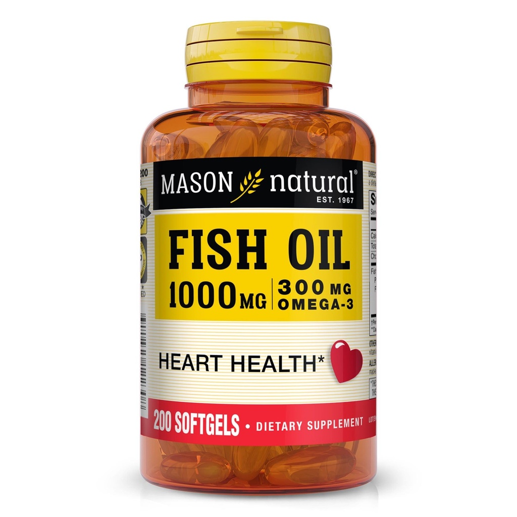 MASON NATURAL Omega,3 Fish Oil, 200,Day Supply, 1000mg with EPA and DHA for Joint Support, Softgel Pills