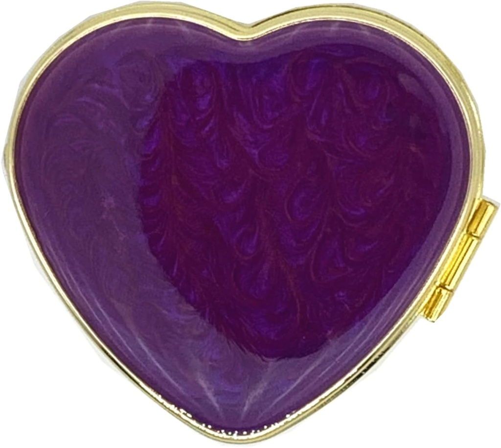 Vintage Pill Organizer Portable Compact Cute Retro Pill Box Metal Pill Case for Purse/Pocket to Hold Vitamins/Tylenol/Supplements/Fish Oil/Meds/Tablet(Noble Purple Love Heart with Mirror)