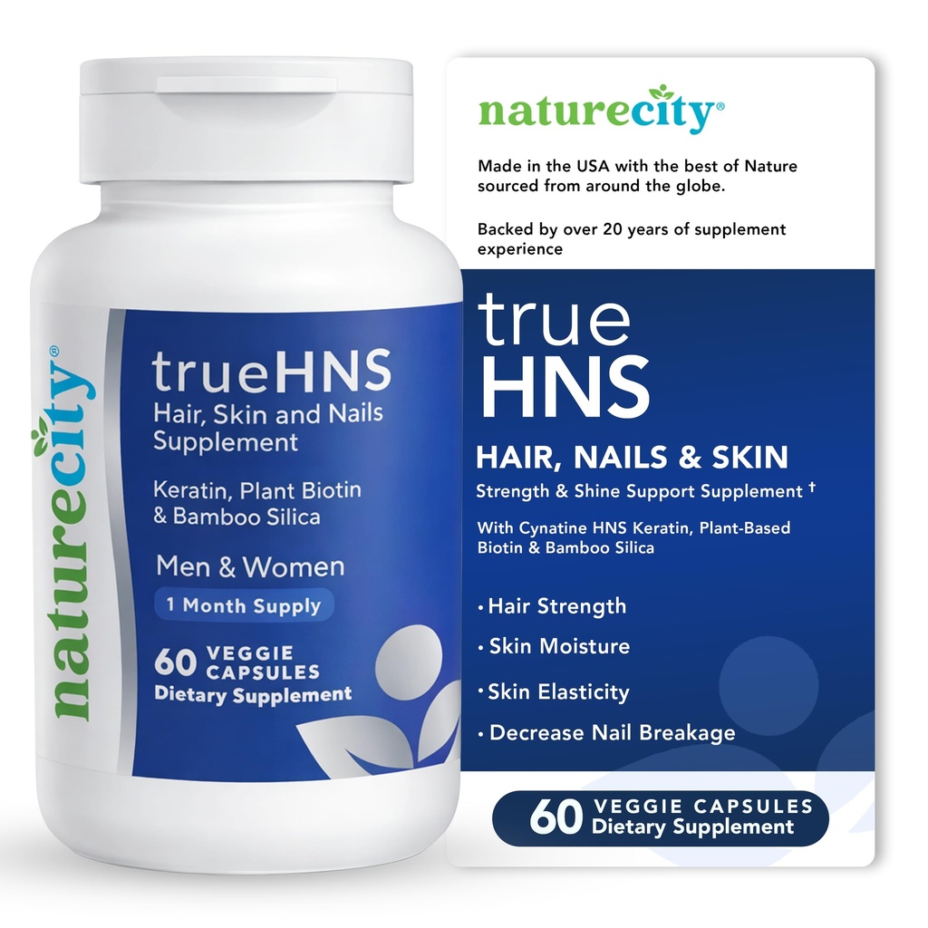 NatureCity True-HNS Hair Nails and Skin Cynatine Keratin and Plant Based Biotin Vitamin Supplement | Fuller and Stronger Hair and Nails | Non GMO | 60 Veggie Capsules