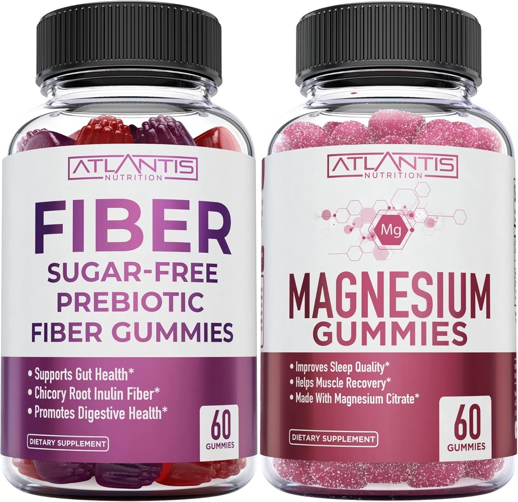 Atlantis Nutrition Sugar Free Prebiotic Fiber Gummies for Adults 2-Pack (120 Gummies) + Magnesium Gummies - 770 MG Magnesium Citrate 60 Gummies