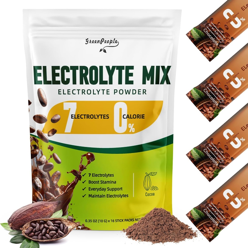Zero Sugar Electrolyte Powder Mix - Hydration Packets, Cocoa Flavor - 7 Electrolytes - Vegan, Non-GMO - 16 Sticks