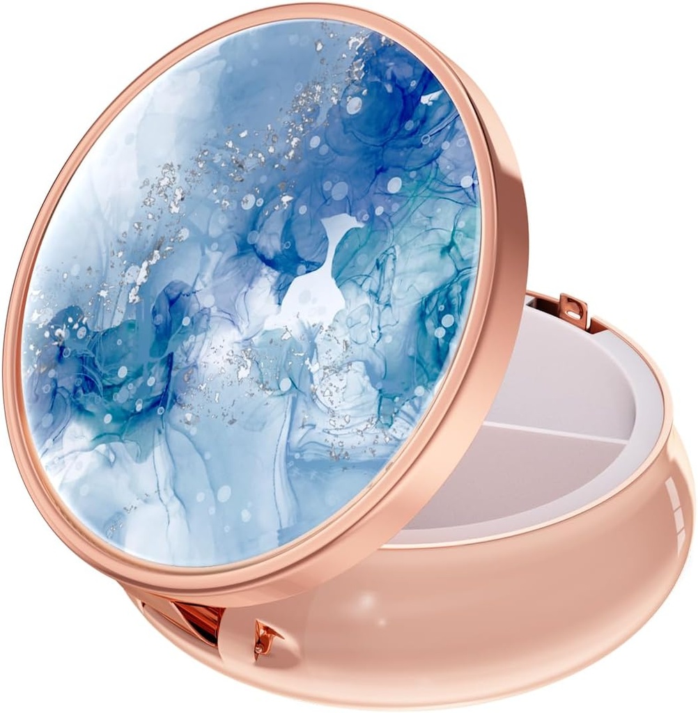 Rouidr Pill Box, 3 Compartment Medicine Pill Case, Small Metal Travel Medicine Box for Purse & Pocket, Rose Gold, Light Luxury Blue