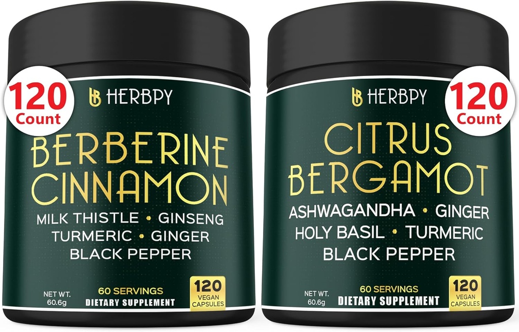 Bundle 7in1 Berberine HCl & 6in1 Citrus Bergamot Supplement - Supports Digestive and Heart Health, Relaxation and Immune