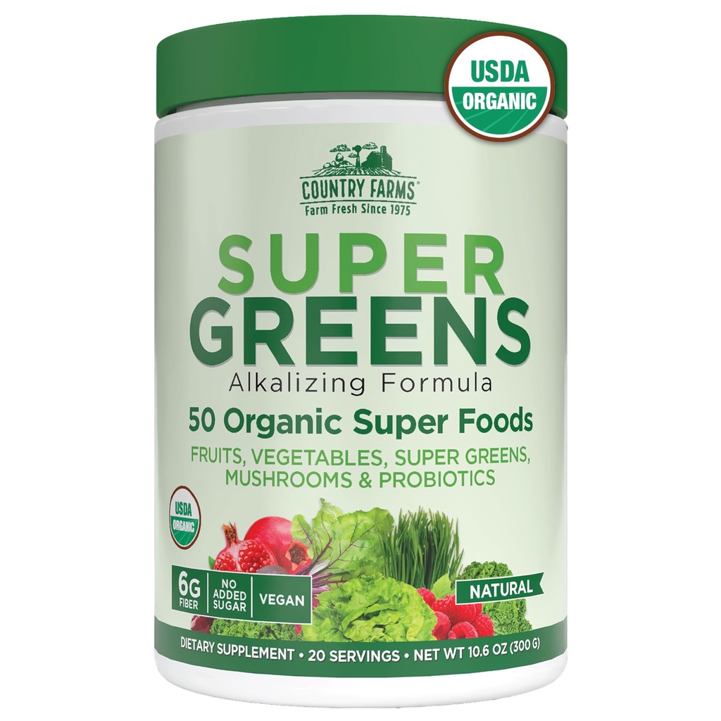 Country Farms Organic Super Greens Powder, 50 Organic Superfoods, Daily Greens Drink Mix with Fruits, Vegetables, Fiber, Probiotics & Mushrooms, Supports Energy, Gut Health & Digestion, Natural Flavor