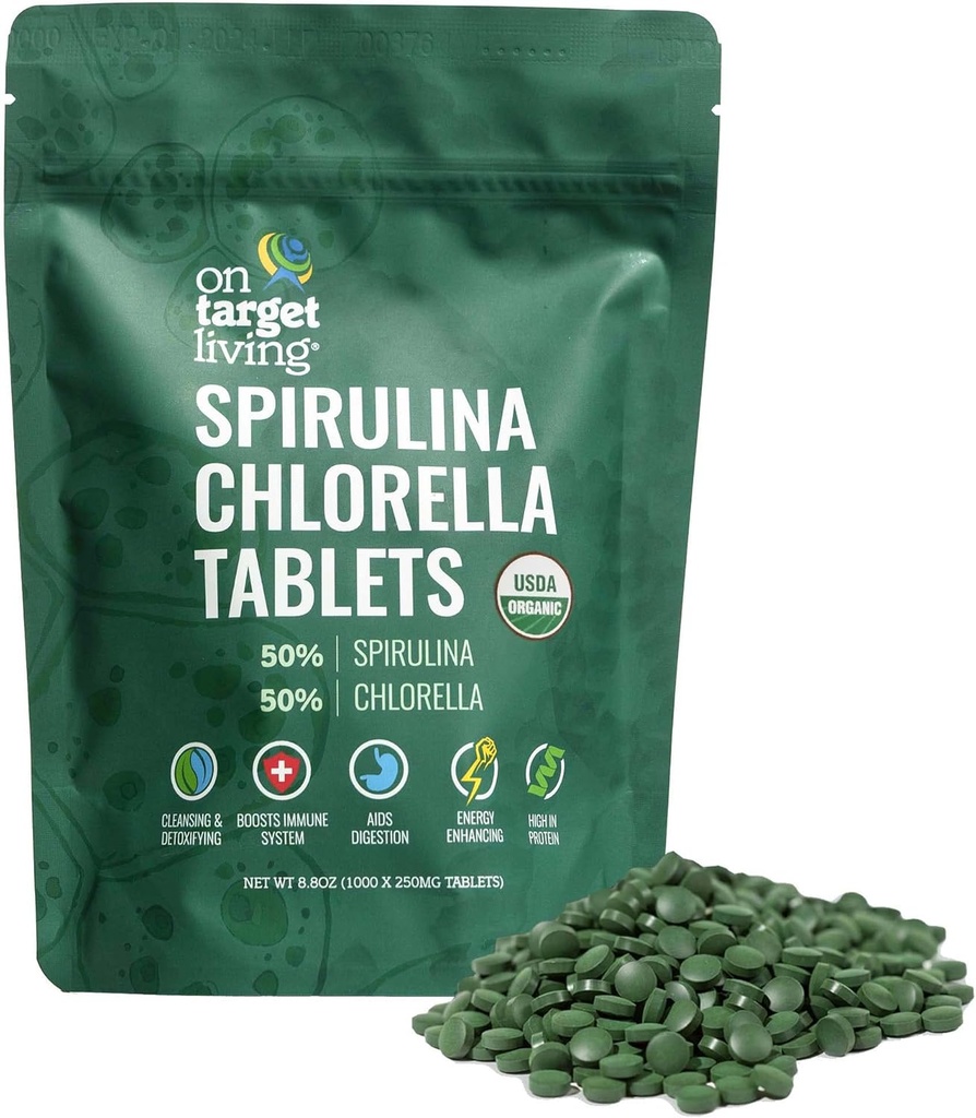 On Target Living Organic Spirulina Chlorella | Supergreens | USDA Organic | 1000 Tablets- 250 G (8.8 oz) | Vegan | Immune Support | Alkalyzing | Nutrient Dense | Protein Dense