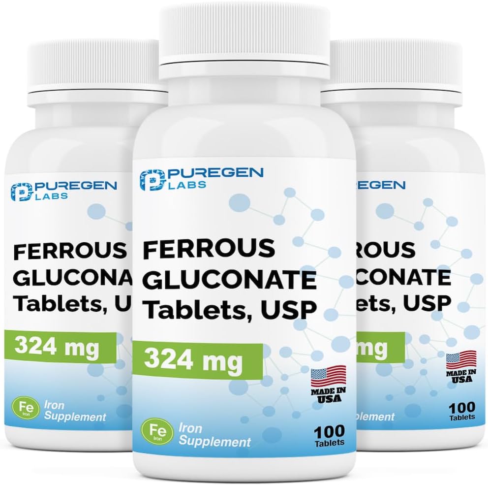 Puregen Labs Ferrous Gluconate 324 mg [High Potency] Iron Supplement, Gentle on Stomach | 3 Pack - 300 Tablets Total