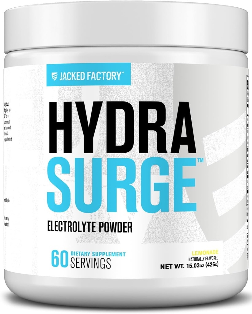 Jacked Factory HYDRASURGE Electrolyte Powder - Hydration Supplement w/Key Minerals, Himalayan Sea Salt, Coconut Water - Keto Friendly, Naturally Sweetened - 60 Servings, Lemonade