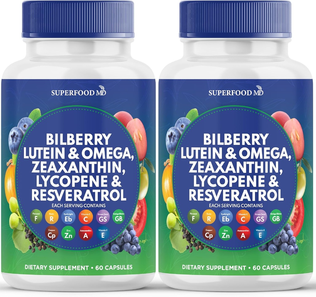 Superfood MD Eye Health Vitamins with Bilberry Lutein & Zeaxanthin Lycopene 40mg Resveratrol Grape Seed Extract Astaxanthin- AREDS 2 - Eye Vitamin - 120 Capsules