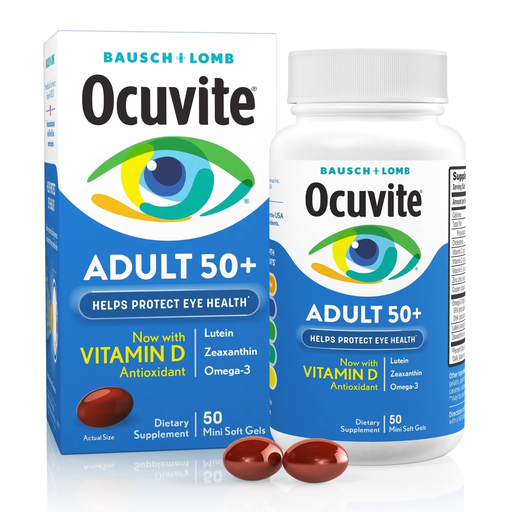 Ocuvite 50+ Eye Vitamin & Mineral Supplement, Multivitamin for Vision & Ocular Health with Omega-3, Zinc, Vitamins C & E, Lutein & Zeaxanthin, Zinc Supplements for Women and Men, 50 Softgels - 12 Pack