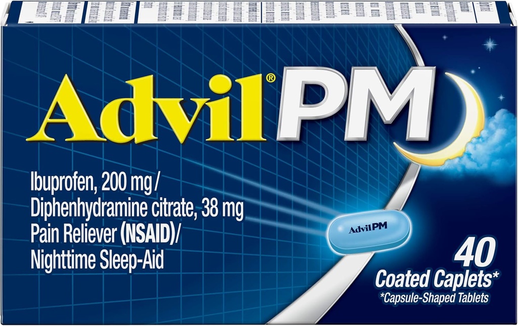 Advil PM (40 Count, Pack of 2) Pain Reliever / Nighttime Sleep Aid Coated Caplet, 200mg Ibuprofen and 38mg Diphenhydramine Citrate