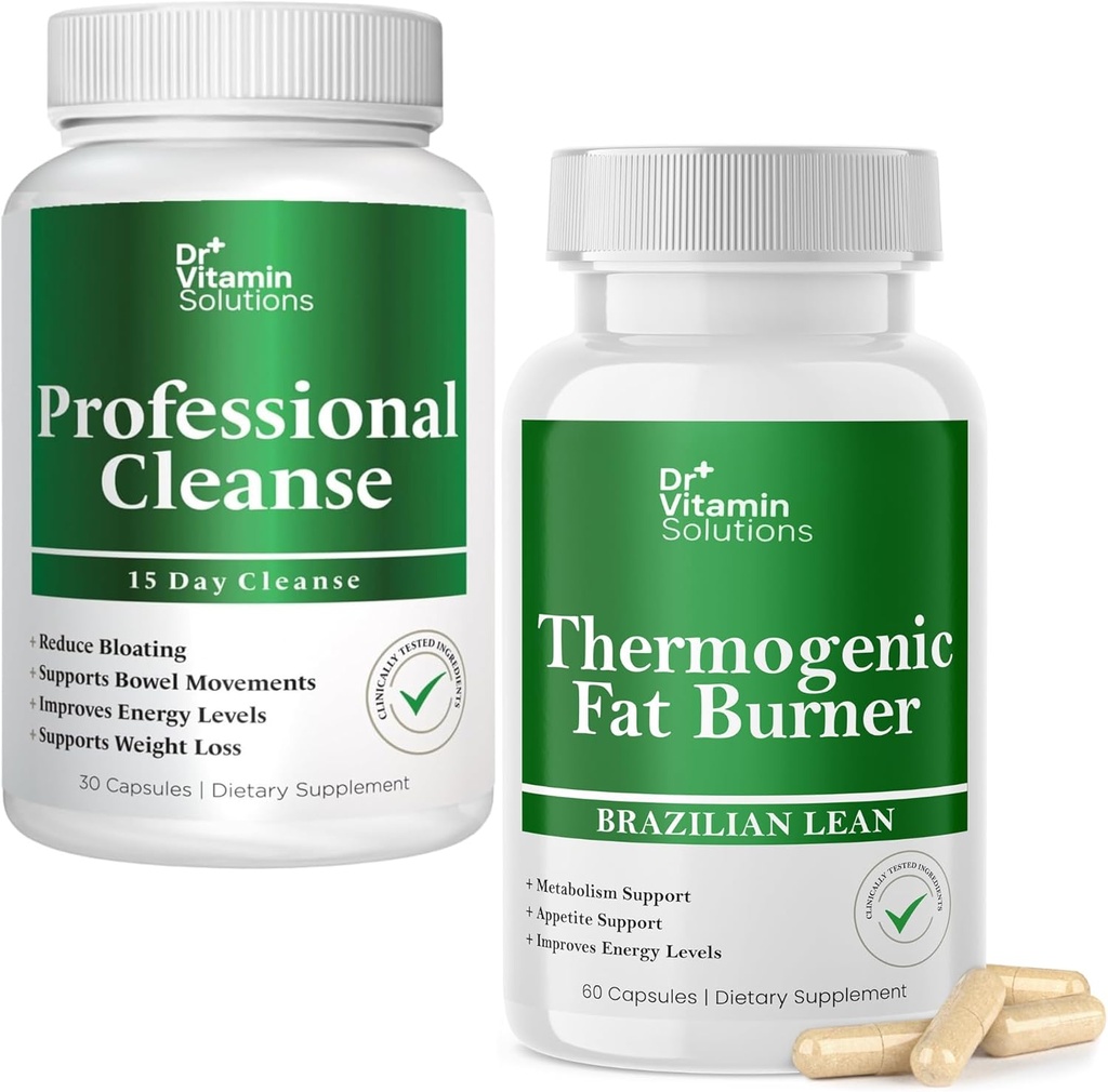 DR VITAMIN SOLUTIONS Professional Detox Cleanse and Thermogenic Fat Burner Bundle - 15 Day Cleanse for Weight Management, Gut Health, and Bloating Relief - 90 Caps