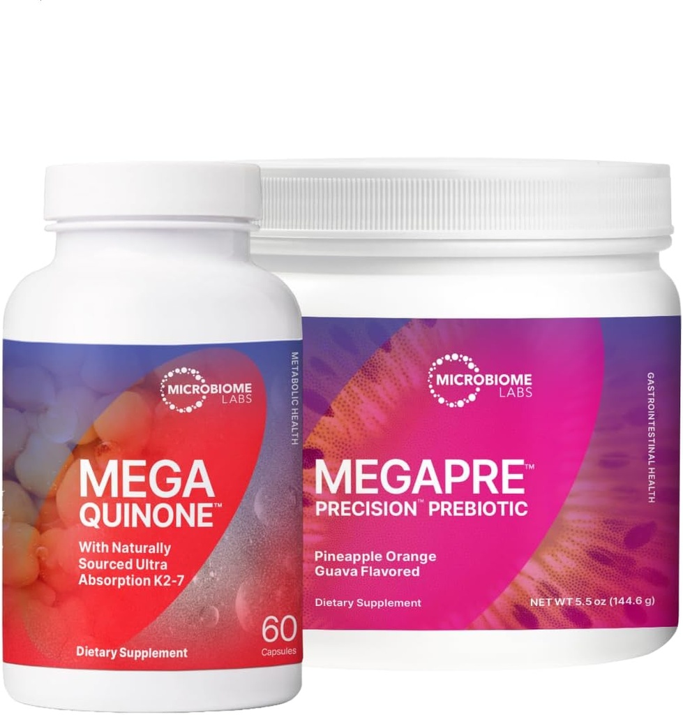 Microbiome Labs Bone Health Support Bundle - MegaQuinine Complete Vitamin K Supplement K1 & K2 MK-7 (60 Capsules) + MegaPre Prebiotic Powder (2.1oz)