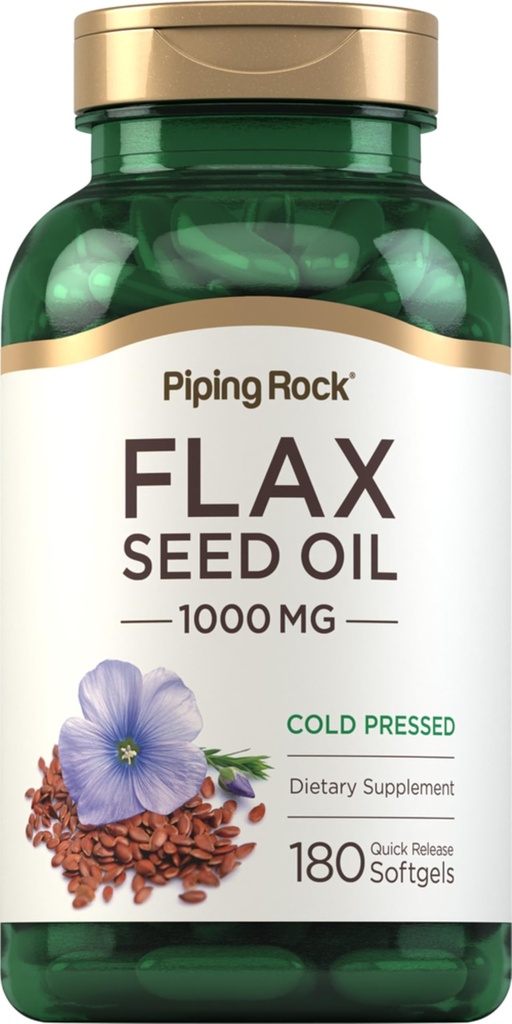 Piping Rock Flaxseed Oil 1000mg Softgel Capsules | 180 Count | Cold Pressed Supplement | Non-GMO, Gluten Free