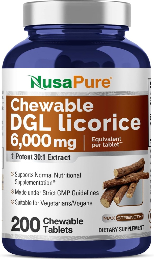 NusaPure DGL Deglycyrrhizinated Licorice 6,000 mg 200 Chewable Tabs, Vegan, Non-GMO Supplement