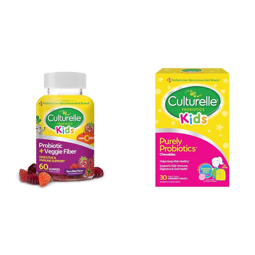 Culturelle Daily Probiotic for Kids + Veggie Fiber Gummies (Ages 3+) - 60 Count & Kids Chewable Daily Probiotic for Kids, Ages 3+, 30 Count