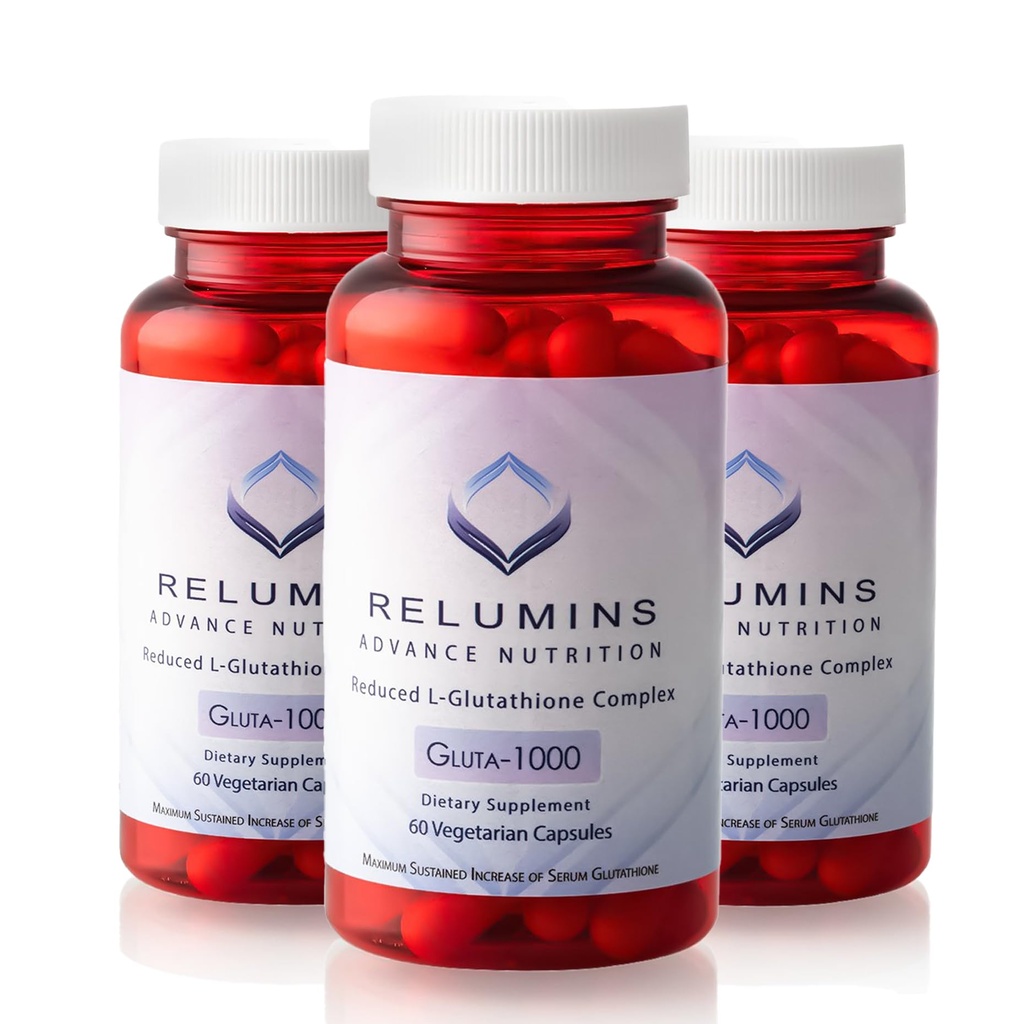Relumins L-Glutathione Supplement Complex –Wellness Gift for Mom - World’s Most Advanced Reduced Glutathione 1000mg with Alpha Lipoic Acid for Smoother & Brighter Skin, Made in USA – 60 Caps x 3 Bots