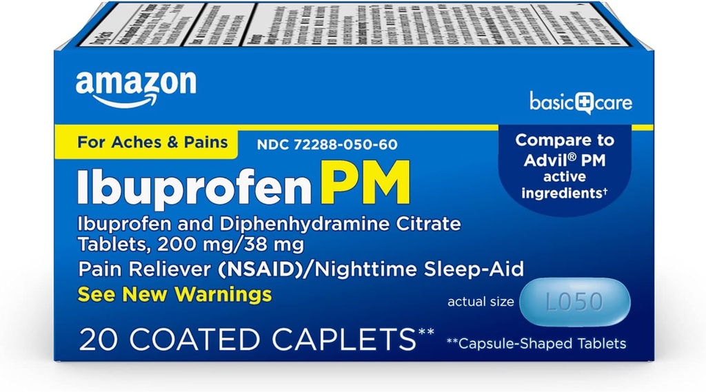Amazon Basic Care Ibuprofen PM, Ibuprofen 200 mg and Diphenhydramine Citrate 38 mg Tablets, Pain Reliever and Nighttime Sleep-Aid, 20 Count