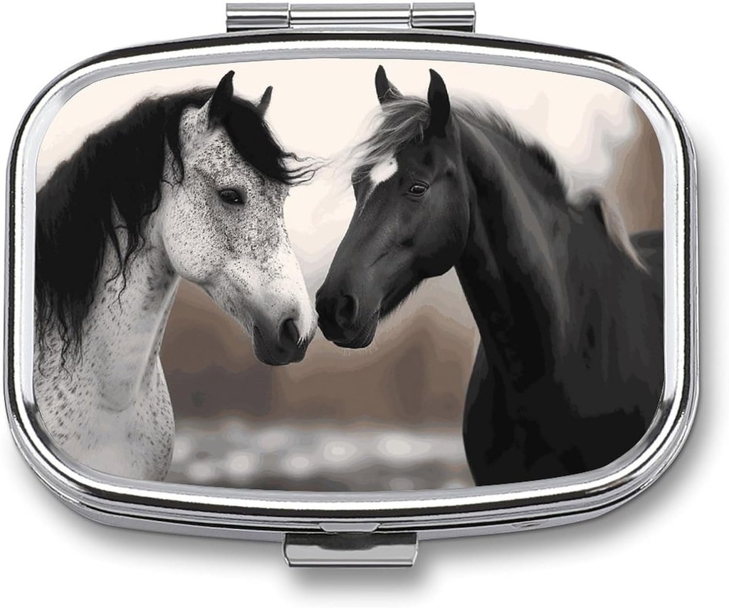 Black and White Horses Square Pill Box, 2 Compartment Decorative Pocket Pill Box for Pocket Or Purse Portable Mini Travel Medicine Tablet Vitamin Holder Organizer Pill Case