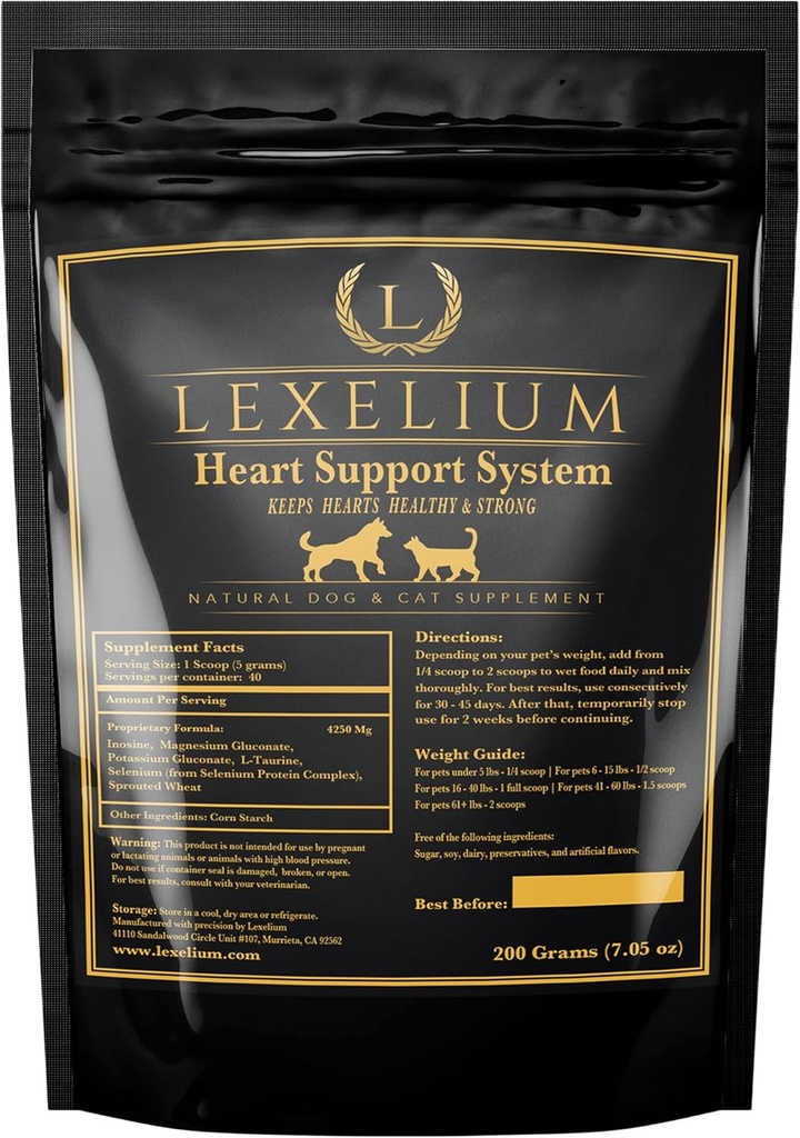 Heart Supplement for Dogs and Cats - Provides Cardiovascular & Circulatory Support & Keeps Hearts Healthy with Taurine – Optimizes Heart Function & Circulation - Easy to Mix Powder - 200g