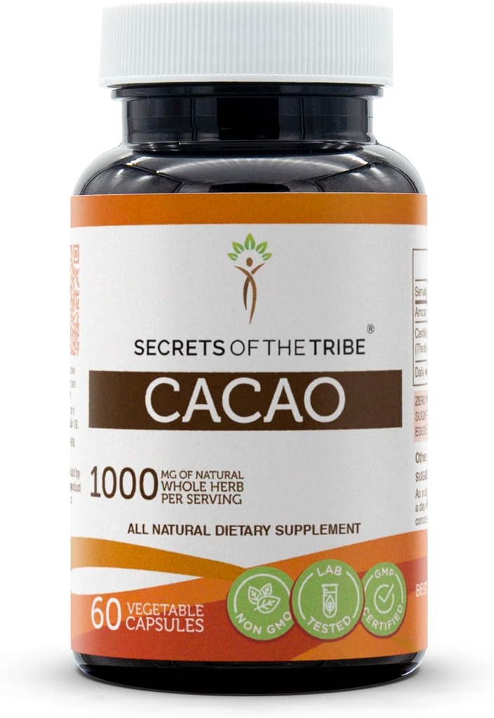 Cacao 60 Capsules, 1000 mg, Cacao (Theobroma Cacao) Dried Raw Beans (60 Capsules)