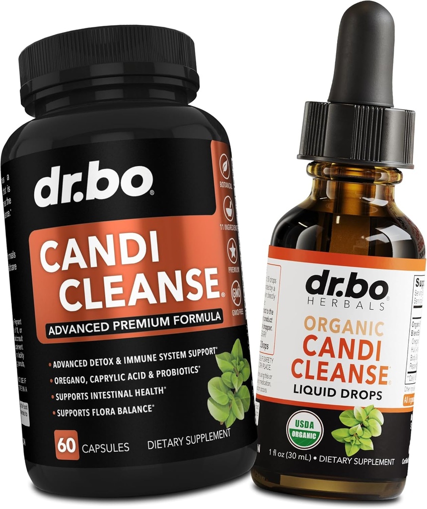 Candi Cleanse Support Supplement Pills & Drops - Organic Oregano Oil Drops Liquid & Black Walnut Wormwood - Extra Strength Natural Oral Gut Cleanser Detox Health Supplements & Caprylic Acid Capsules