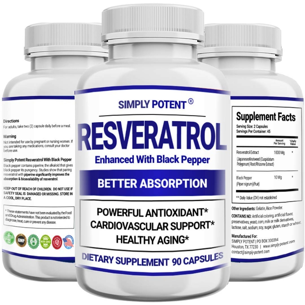 Simply Potent Resveratrol 1000mg Supplement with Black Pepper for Max Absorption, Antioxidant & Anti-Aging Pills for Heart, Immune & Skin Health, 90 Capsules