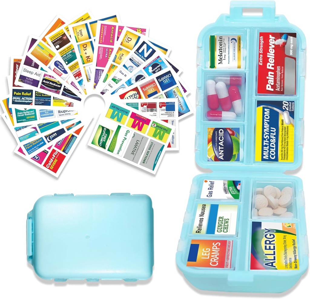 Pill Organizer with Medicine Labels 146 Labels Travel Daily Pill Container Mini Medication Organizer Storage Pill Organizer Travel Essentials Pill Case 7 Day (Blue, 1 Pack(Large))