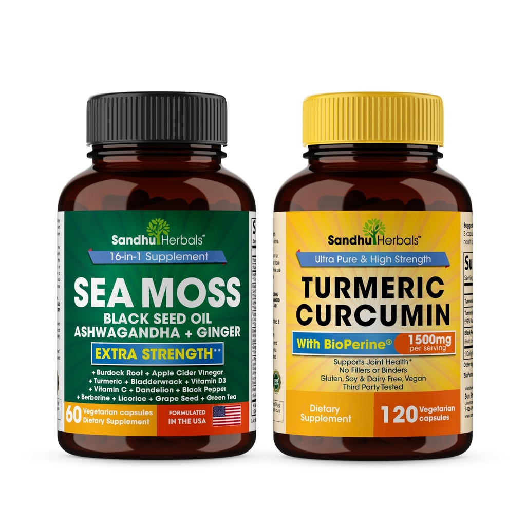 Sandhu Herbals Seamoss & Turmeric Curcumin with Bioperine Capsules | Supports Immune, Digestive, Cognitive, Skin & Hair Health