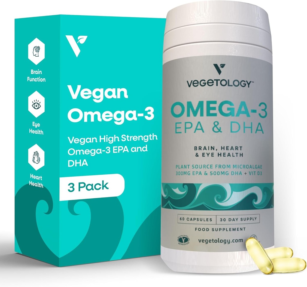 Vegan Omega 3 Supplement – Omega-3, EPA, DHA Supplements & Vitamin D3 – Algae Omega 3 Vegan Supplements for Brain, Eye & Heart Health – Omega 3 for Kids & Adults (180 Capsules)