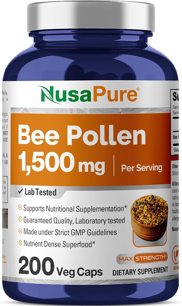 NusaPure Bee Pollen 1500mg 200 Veggie Caps (100% Vegetarian, Non-GMO, Vegan) Naturally Occurring Proteins, Aminoacids