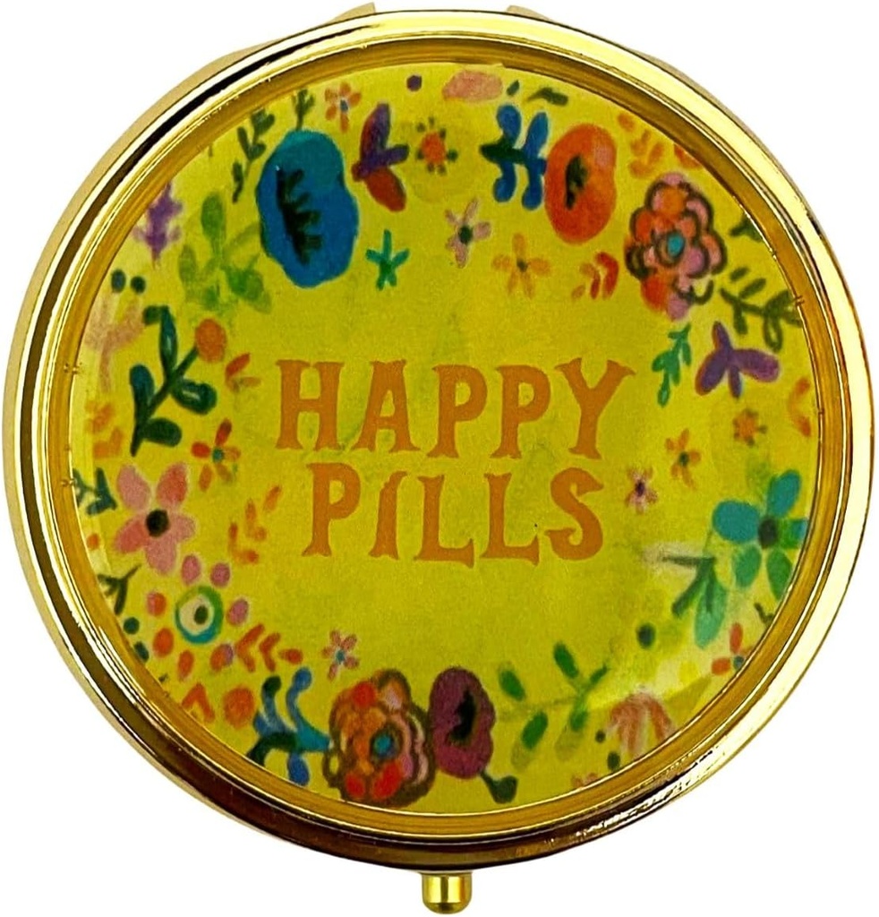 Retro Cute Pill Case Vintage Metal Pill Organizer Portable Compact Pill Box for Purse/Pocket to Hold Vitamins/Tylenol/Supplements/Fish Oil/Meds/Tablet(Happy Pills with Mirror,Round)