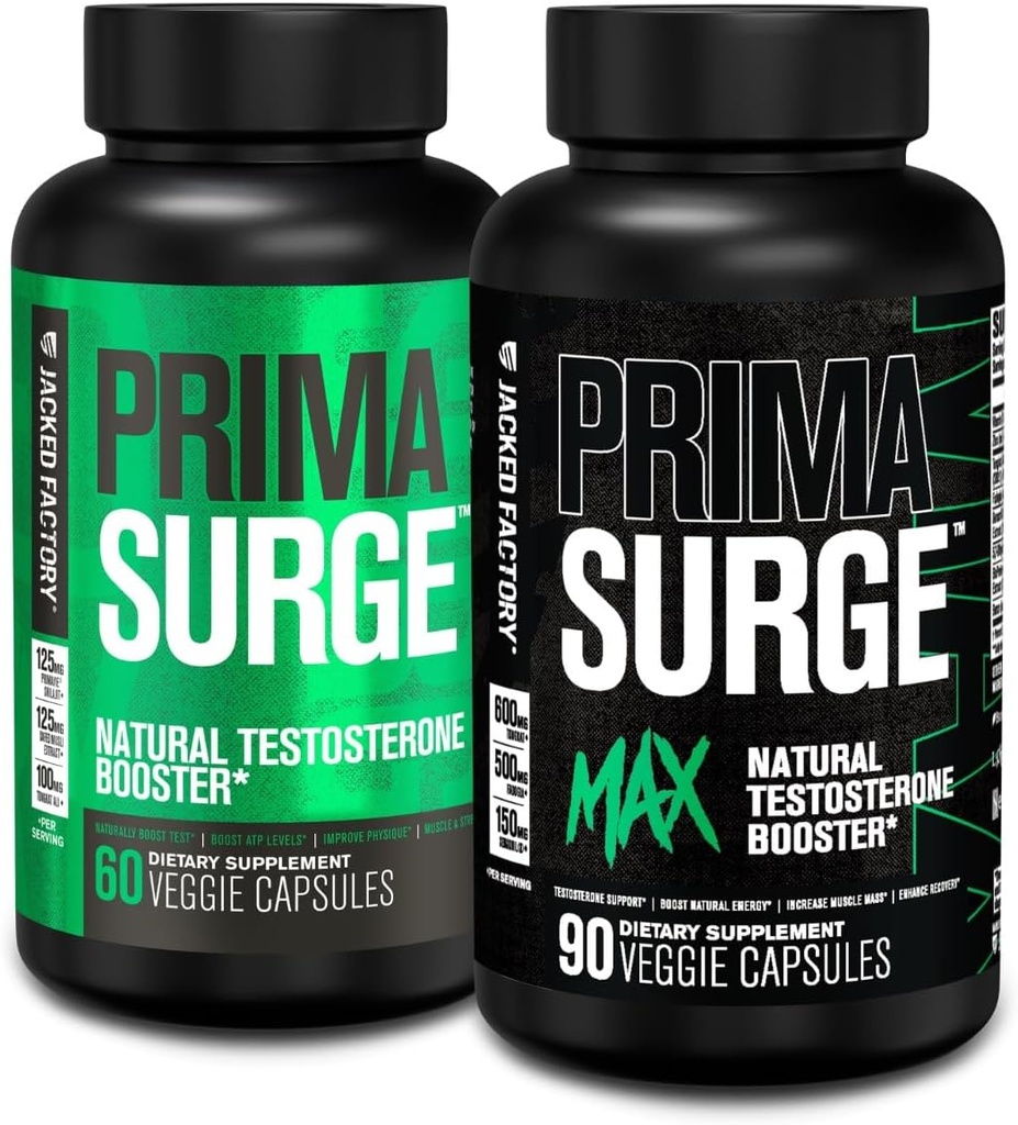 Jacked Factory Testosterone Booster for Men PRIMASURGE - w/Tongkat Ali, PrimaVie, Ashwagandha (60 Capsules) & Primasurge Max Mens Testosterone Booster (90 Capsules)