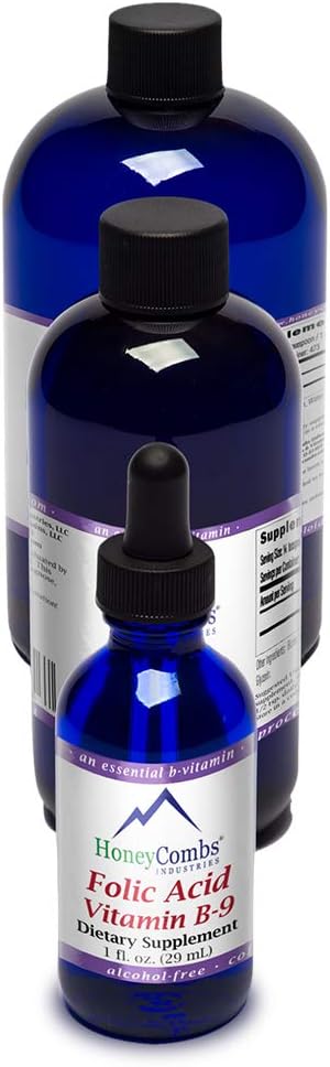HoneyCombs Vitamin B9 Liquid Drops - High Potency Liquid Vitamin B9 Folic Acid Supplement for Women - Maintain Healthy Liver, Pregnancy, & Overall Health - Cold Pressed Vegan Vitamins Drops (16 Fl oz)