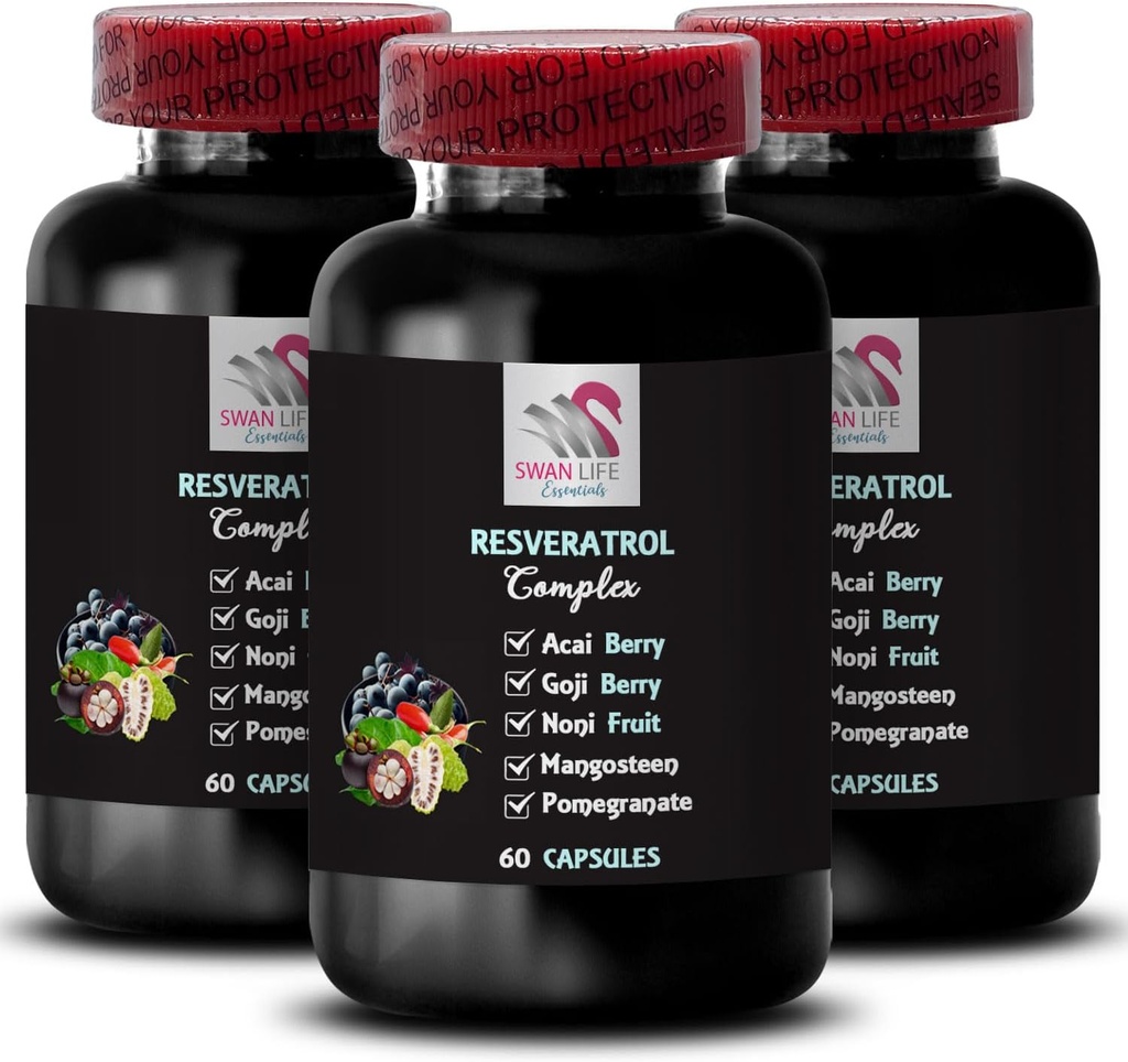 Berry Benefits - RESVERATROL COMLEX - Elderberry Power, Daily Antioxidants, Blueberry Power, Flavorful Boost, Noni Blend, Goji Berry Power, Nutritional Support, Acai Berry Strength 3 Bottles 180Caps