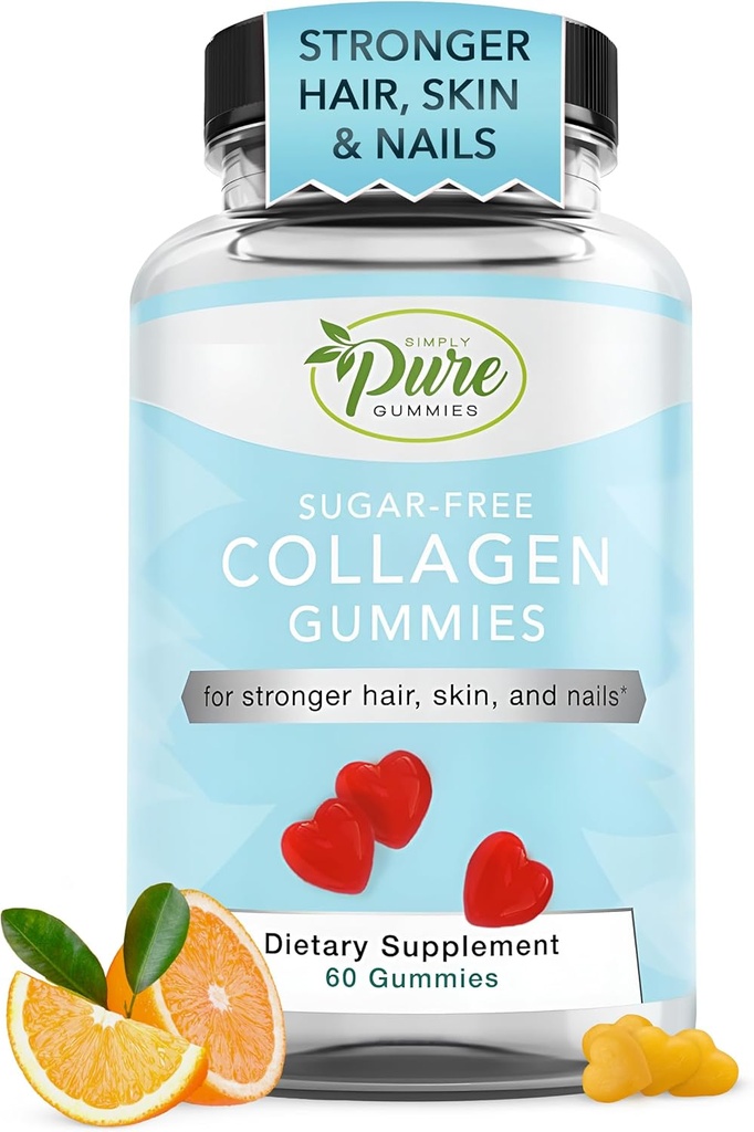 Pure By Nature Collagen Gummies for Women & Men, Sugar-Free Collagen Gummy for Natural Collagen Production, Hair, Skin & Nails Support, Pectin Supplements Chews (60 Count)