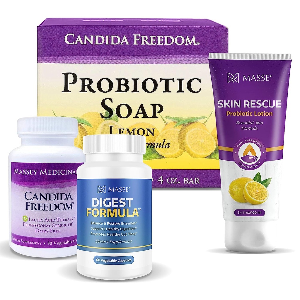 MASSE' Dietary Supplement for Proper Digestion - Probiotic Balance & Restore Formula - Probiotic Lemon Body Soap and Skin Rescue Probiotic Lotion