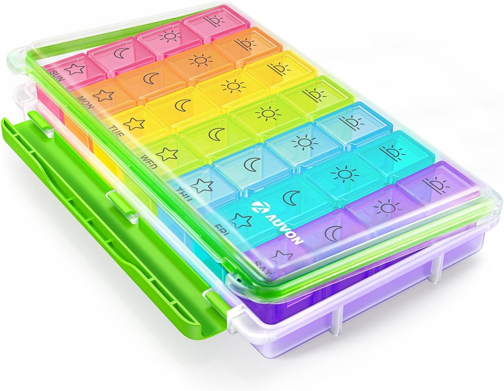AUVON iMedassist Moisture-Proof Weekly Pill Organizer 4 Times a Day, Large 7 Day Pill Box Case with Portable Design for Travel, Removable Individual Containers Hold Vitamins, Supplements, Medications