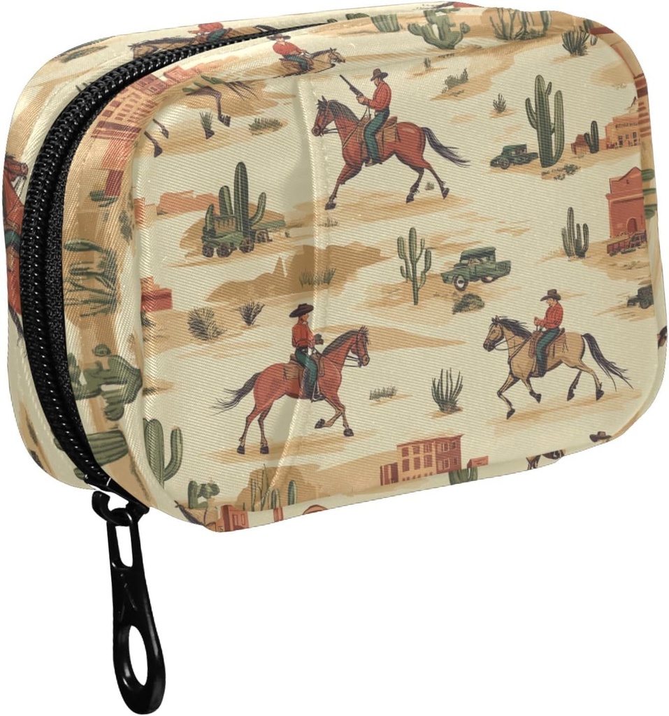 Fustylead Cowboy Riding Horse and Desert Cactus Pill Organizer for Purse, Weekly Portable Pill Box with Zipper to Storage Vitamins Fish Oils Medications Supplements