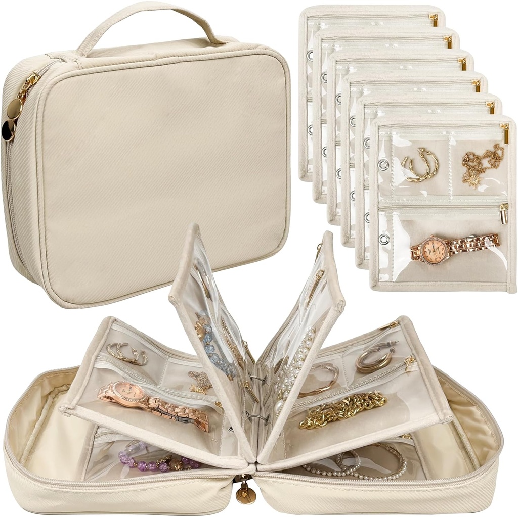 Travel Jewelry Organizer Case,Jewelry Bags Jewelry Storage Book Binder with Clear Zipper Velvet Pouch for Traveling,Earrings, Rings, Necklace, Bracelet (White)