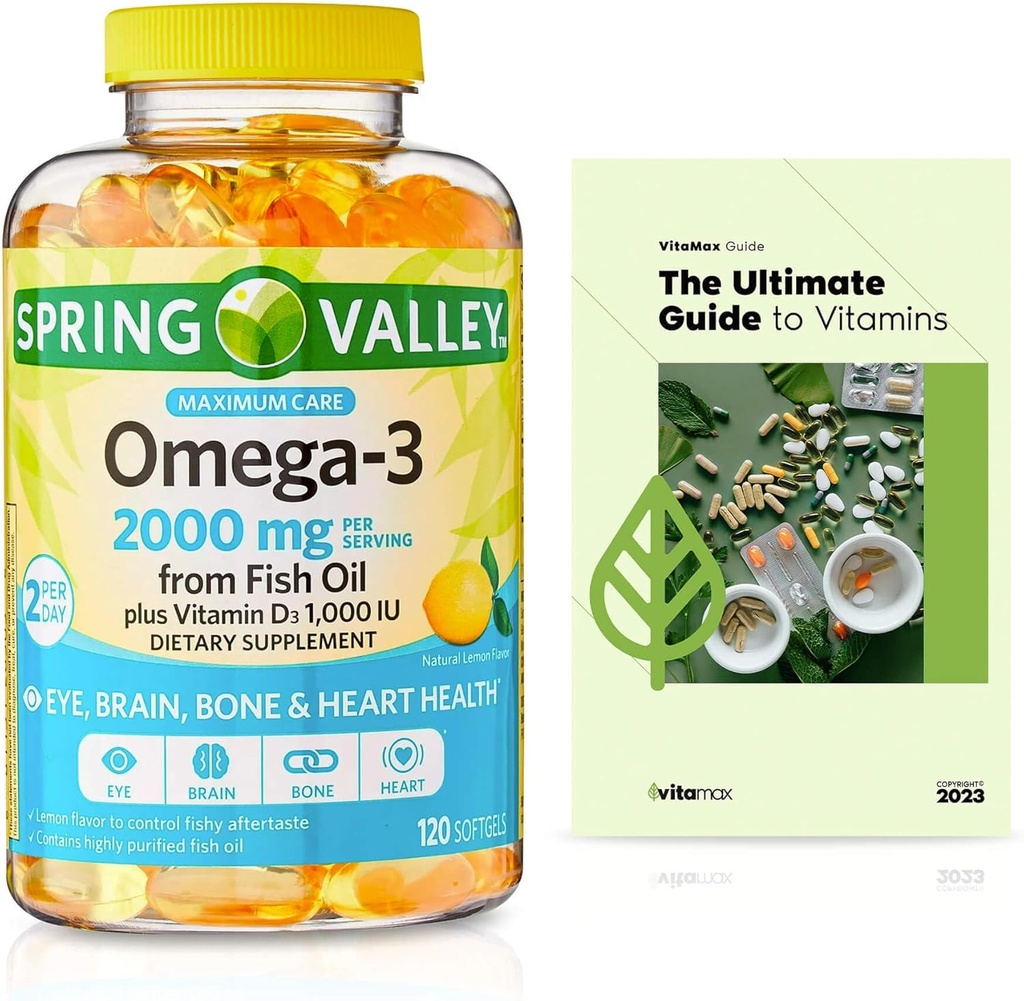 Spring Valley Omega-3 from Fish Oil 2000 mg, Maximum Care, 120 Count + Exclusive VitaMax Vitamin Guide (2 Items)